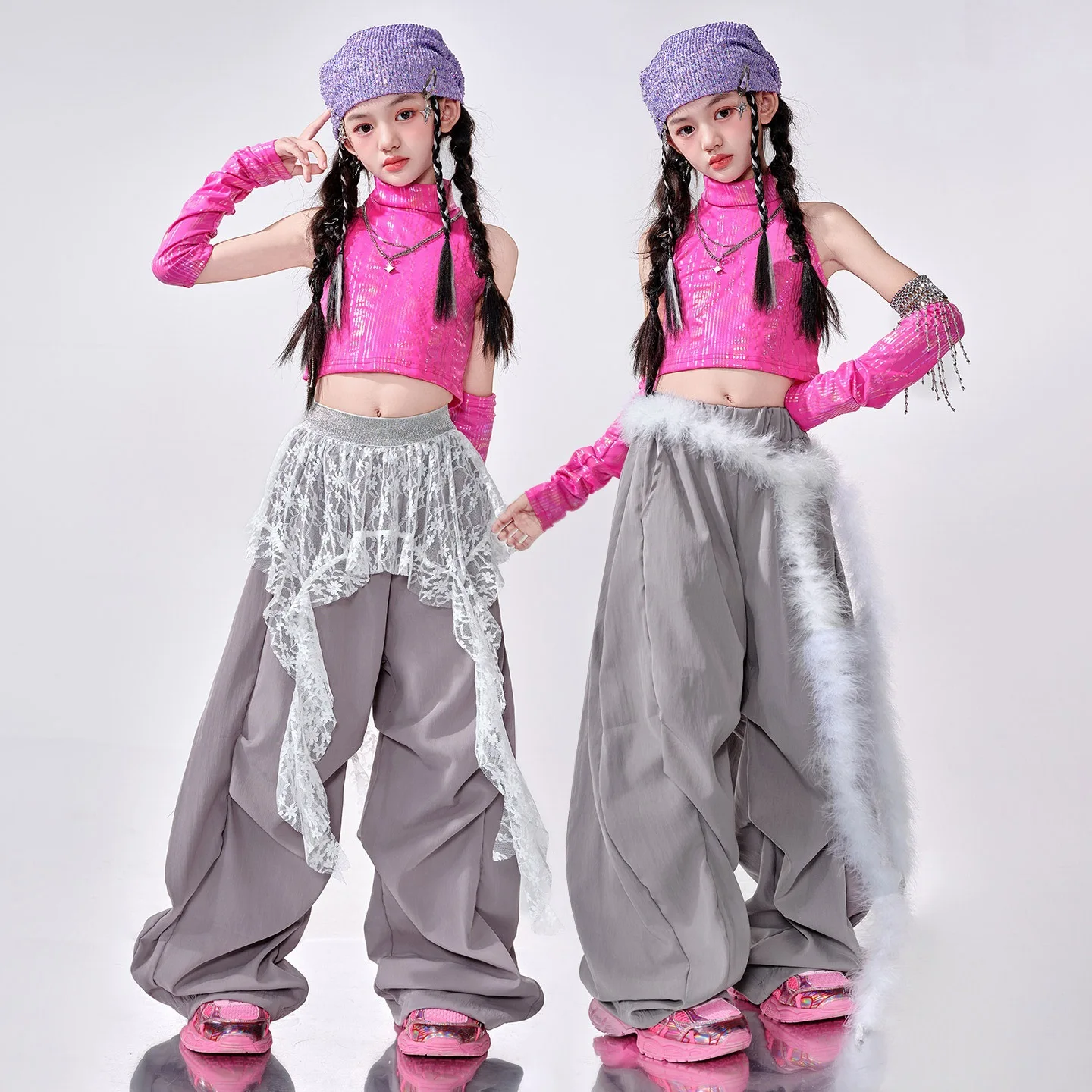 2025 Children Hip Hop Dance Costumes For Girls Rose Red Crop Top Loose Pants Streetwear Kids Jazz Performance Clothes DQS20541
