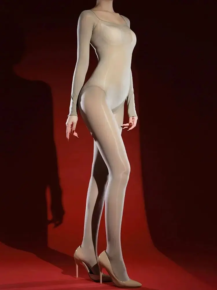 Unisex-Catsuit aus glänzendem, glänzendem Nylon mit U-Boot-Ausschnitt, Bodystocking mit offenem Schritt, Strumpfhose, sexy Trikot, verbundener Jumpsuit-Body