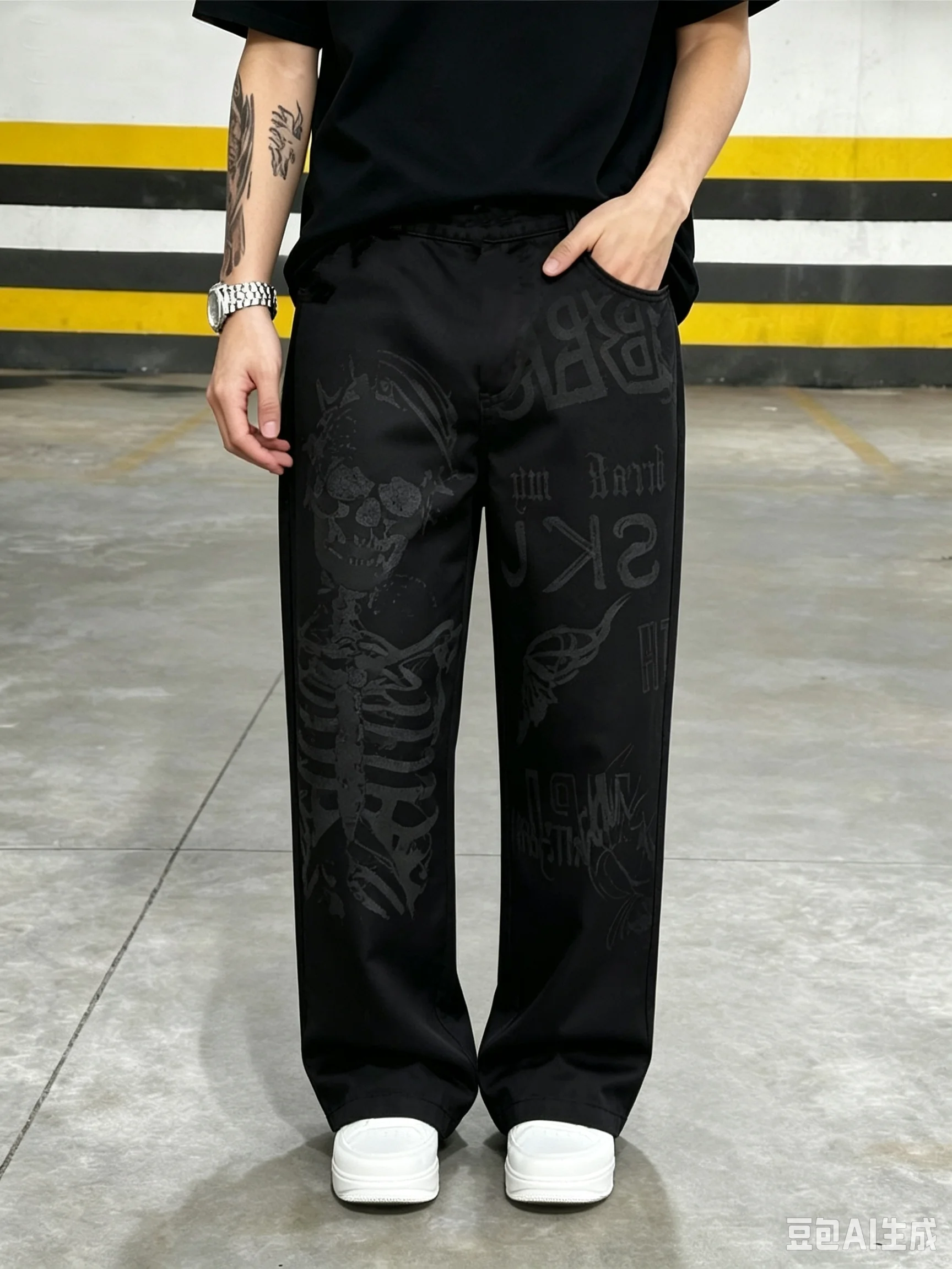 Gothic Style Casual Pants Dark Tone Skeleton Graphic Retro Alphabet Print 3D Printed Elastic Waist Loose Fit Trousers Kids