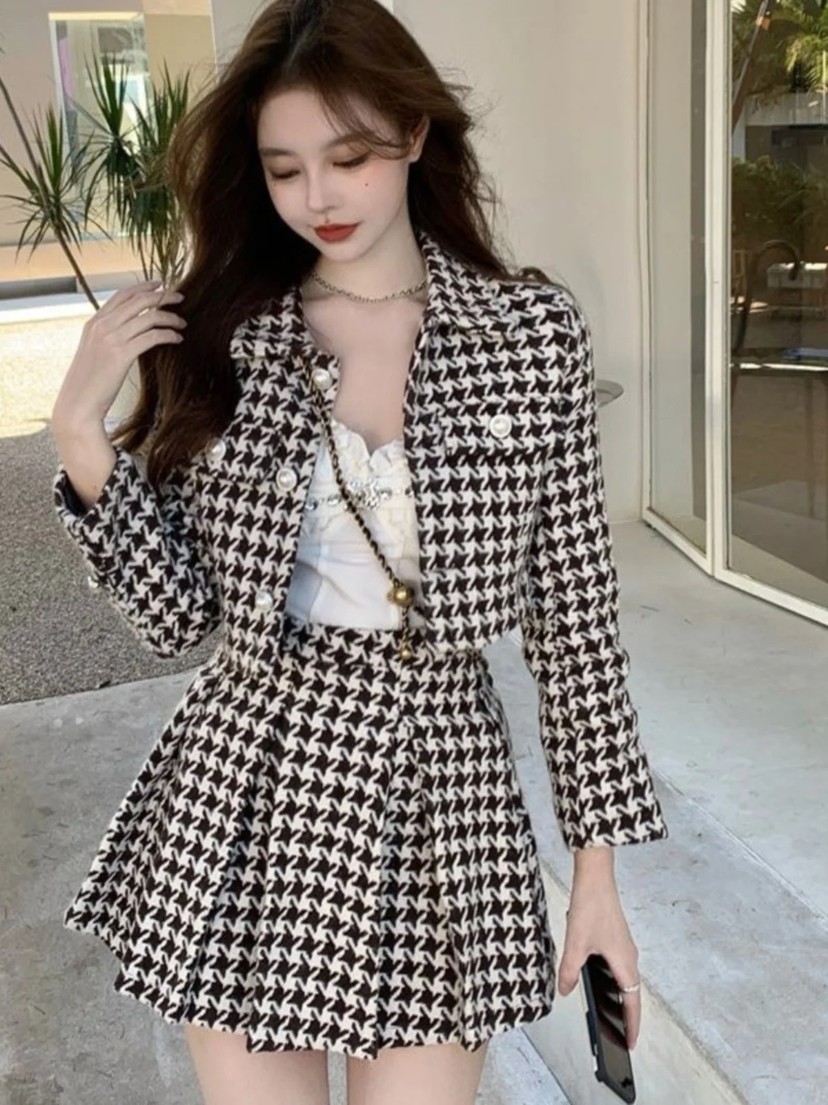 2024 Nuovo Sle ort Cappotto E Gonna Set da Donna a Vita Alta Plaid di Lana Dimagrante Faion Autunno Inverno Vestito a Due Pezzi