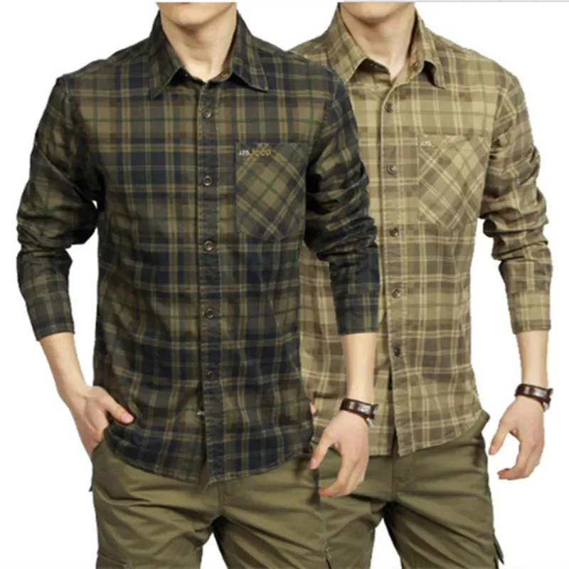 2024Spring Autumn Casual Men Shirt 100% Cotton Long Sleeve camisetas masculinas Plaid  Shirts Army Green Khaki Clothing A0749