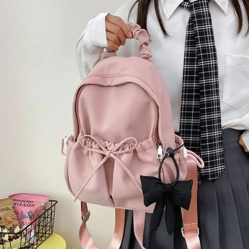 Nylon Student Drawstring Backpack Large Capacity Adjustable Shoulder Straps Travel Rucksack Soft Ruched Design Bow Daypack Women
