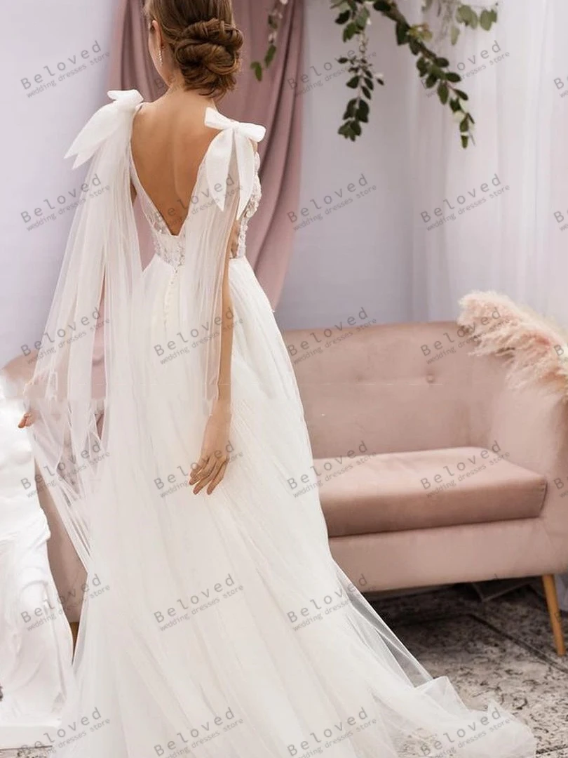 Vestidos de casamento graciosos Lace Appliques, vestidos de noiva sem mangas Backless, até o chão, Robes sexy para noivas