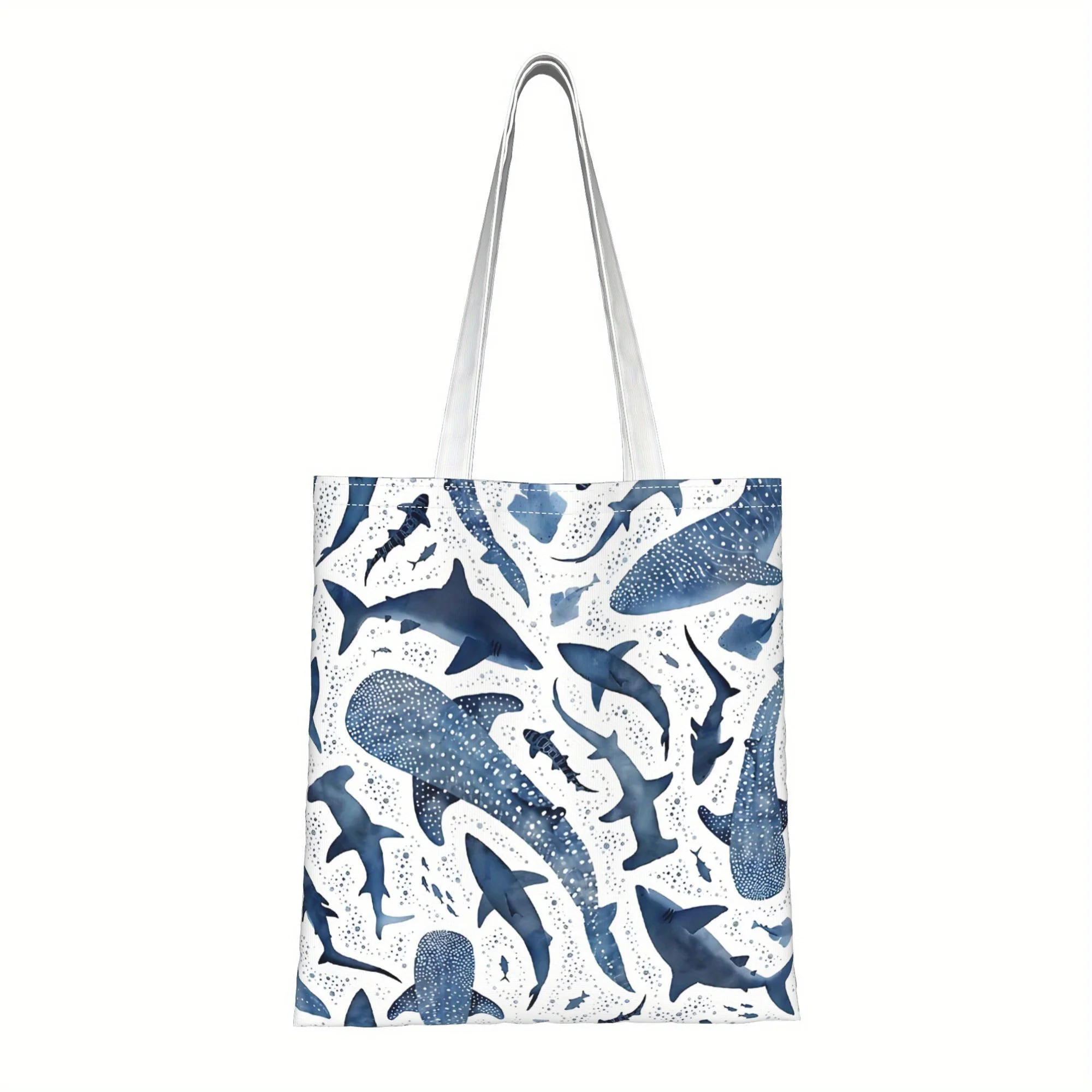 A Shark Pattern printed canvas tote bag, suitable for daily use, shopping, school, and travel