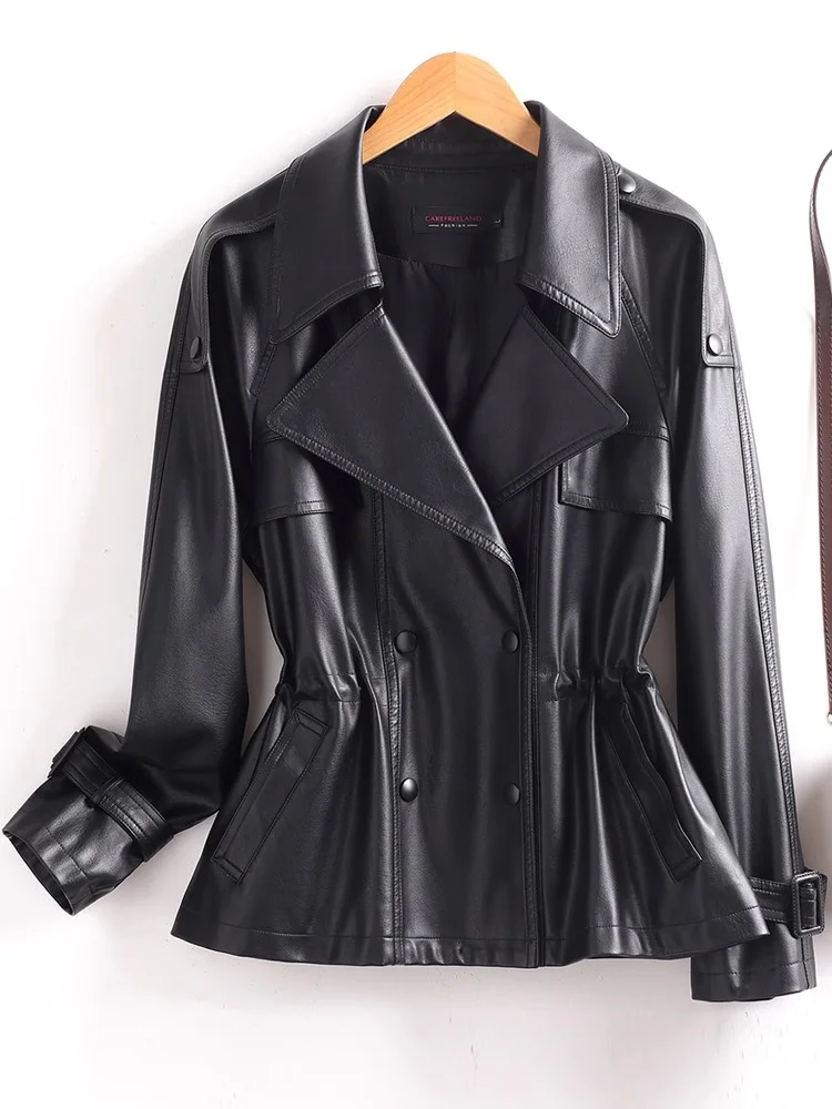 جديد إمرأة خمر معطف جلد سبليت الخريف الشتاء بدلة على الموضة طوق الرباط الخصر النحيف قصيرة خندق معطف سترة عادية #5