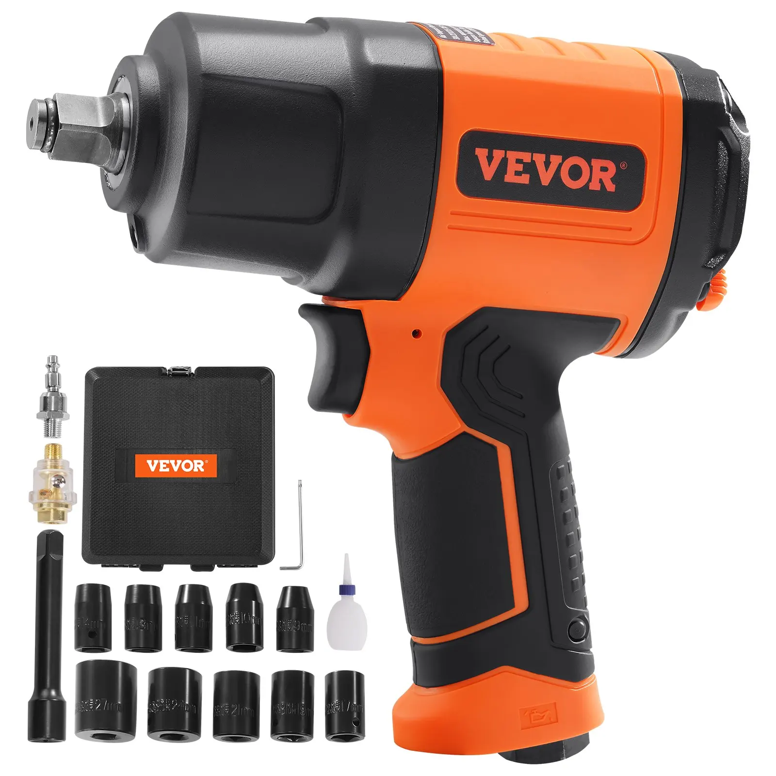 VEVOR 1/2-Inch Air Impact Wrench - High Torque 1400 ft-lbs - Lightweight 4.6 lb - Includes 11-Piece CR-V Steel Impact Socket Set