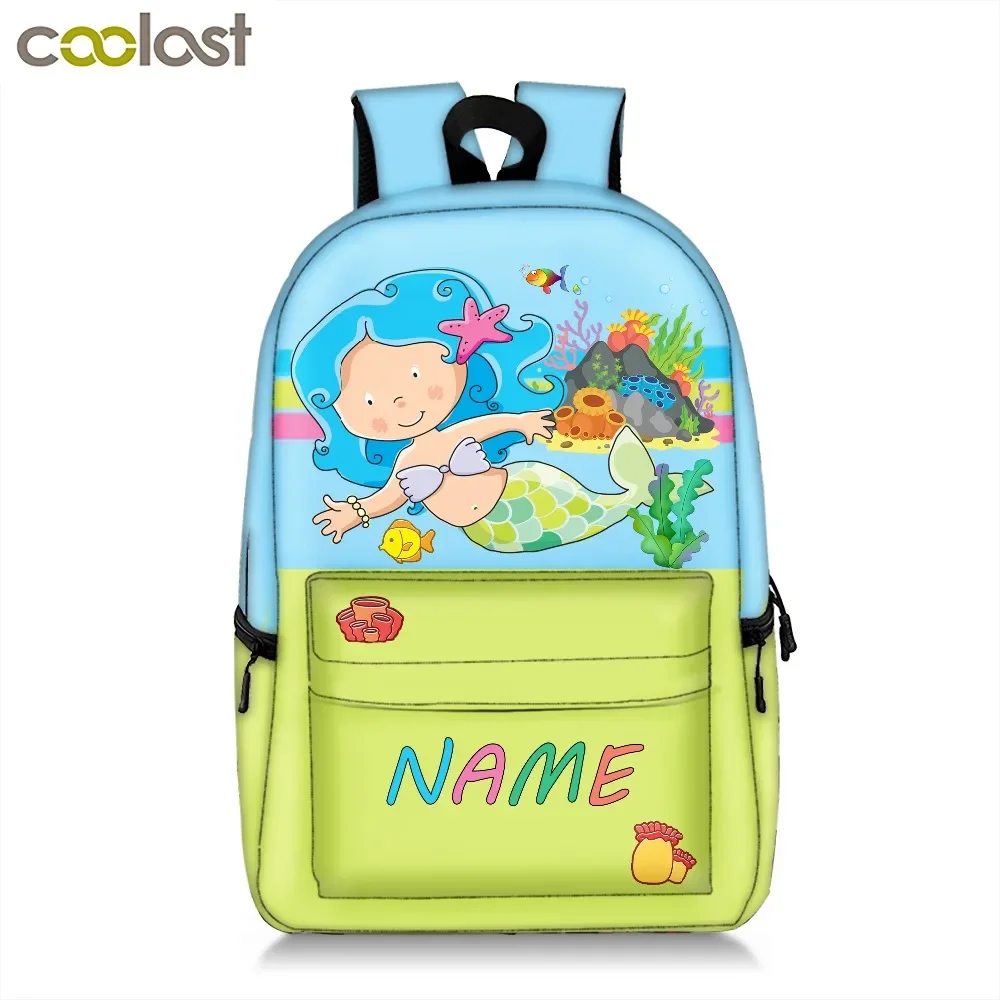 Imagem -02 - Mochila Personalizada com o Nome da Criança Mochila Escolar com Desenho de Sereia Princesa Animal Locomotiva para Meninos e Meninas Adolescentes