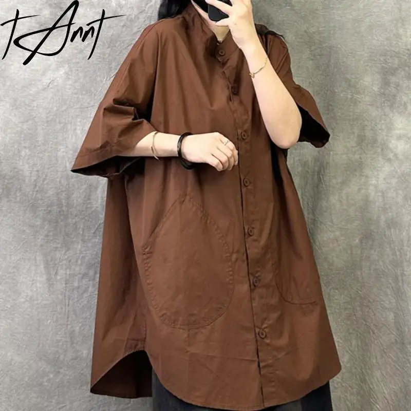 Tannt Women Shirt Coffee Black Cotton Long Casual Shirts Blouses Fashion Vintage Long Summer Blouses Tops Women 2024 New