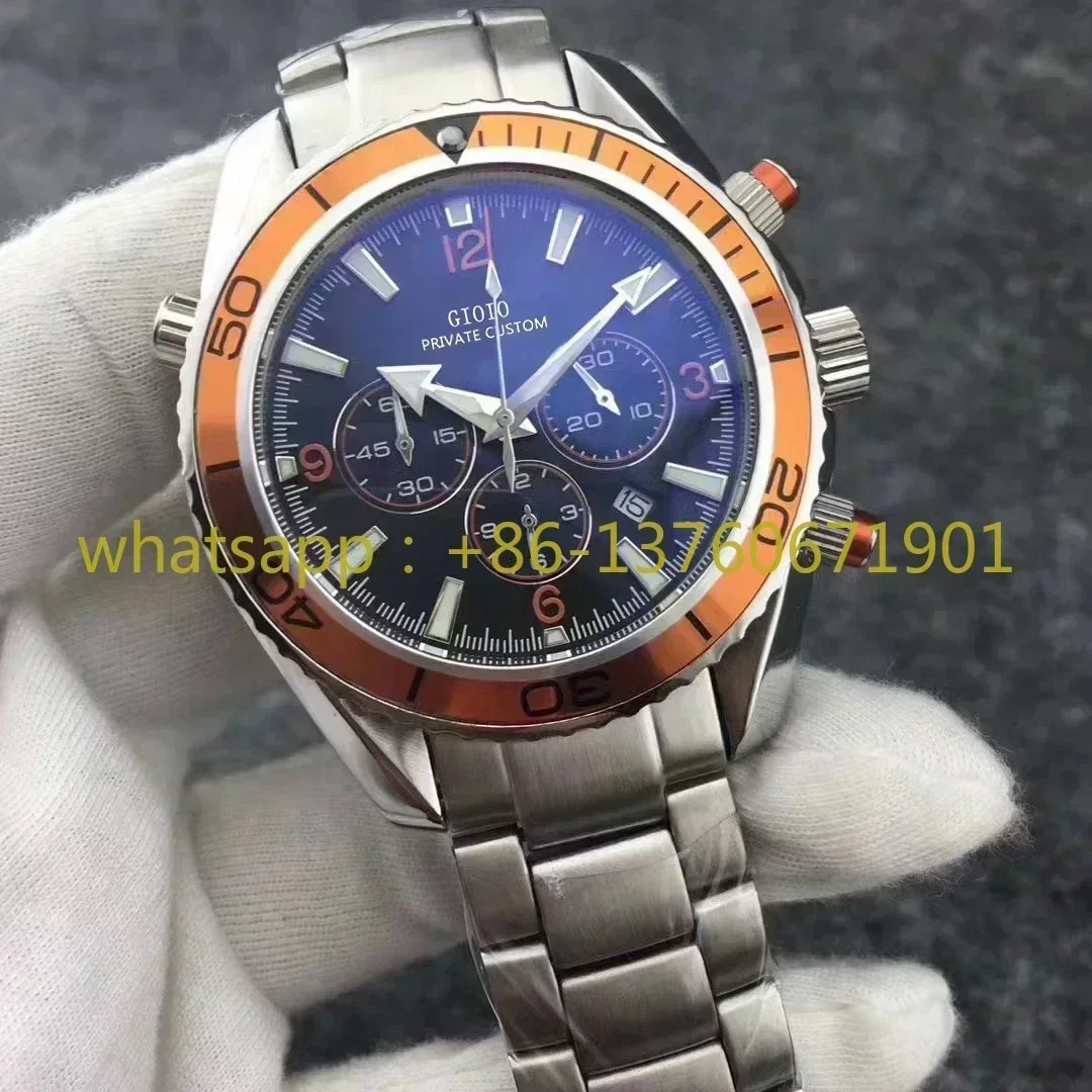 Top Quality Mens Quartz Chronograph Watch Stainless Steel Bracelet 007 Black Blue Ceramic Bezel Sapphire Glass Watch