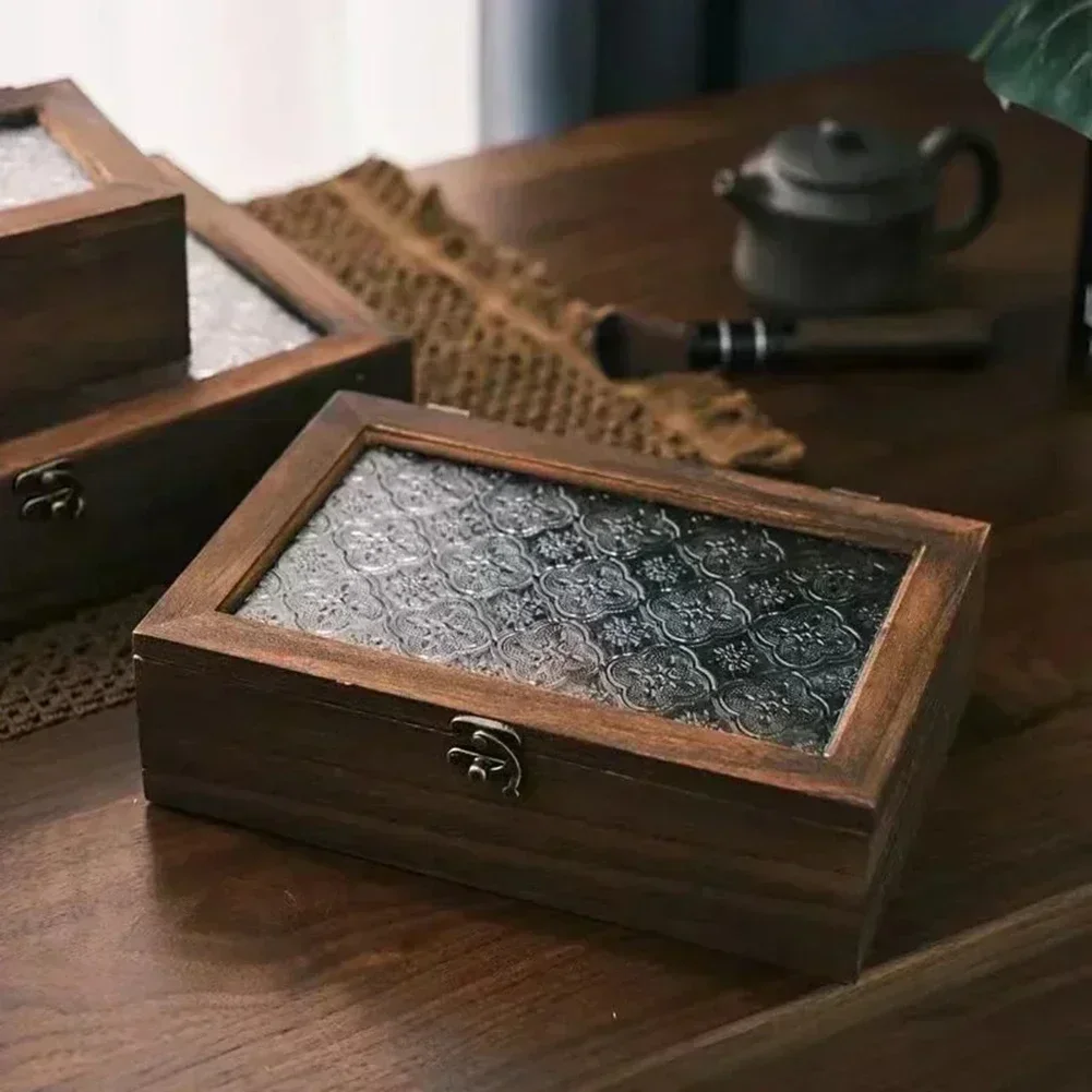 

Haitang Flower Glass Storage Box Vintage Solid Wood Storage Cabinet Desktop Sorting Flipping Wooden BOX Makeup Table Decoration