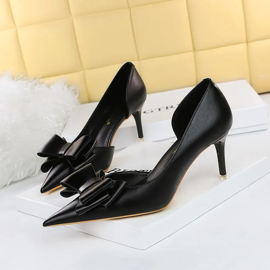 

Women Pumps Korean Version Slimming And Sweet Beauty Shoes With Thin High Heels Shallow Mouth Pointed Side Hollowed Out Bow Tie