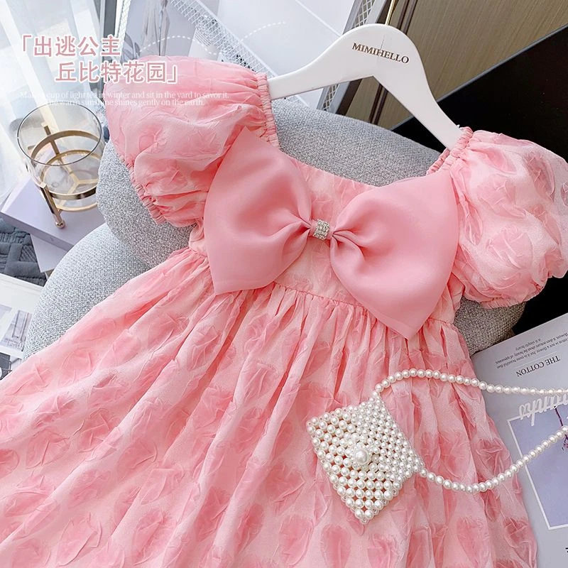 Baby Girls Dress Summer Stars Elegant Pink Princess Dress With Super Big Bow Kids Birthday Party Clothes Children Puffy Dress