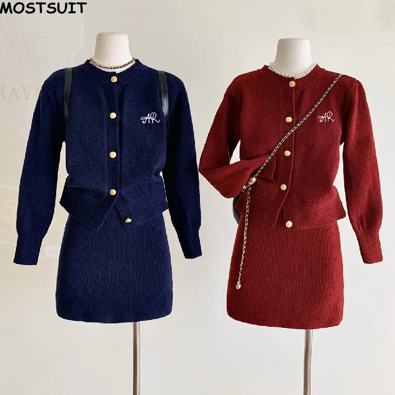 

Elegant Knit 2 Piece Skirt Sets Outfits Women Embroidery Cardigan + Pencil Mini Skirt Suits Fashion Ladies Matching Set 2024