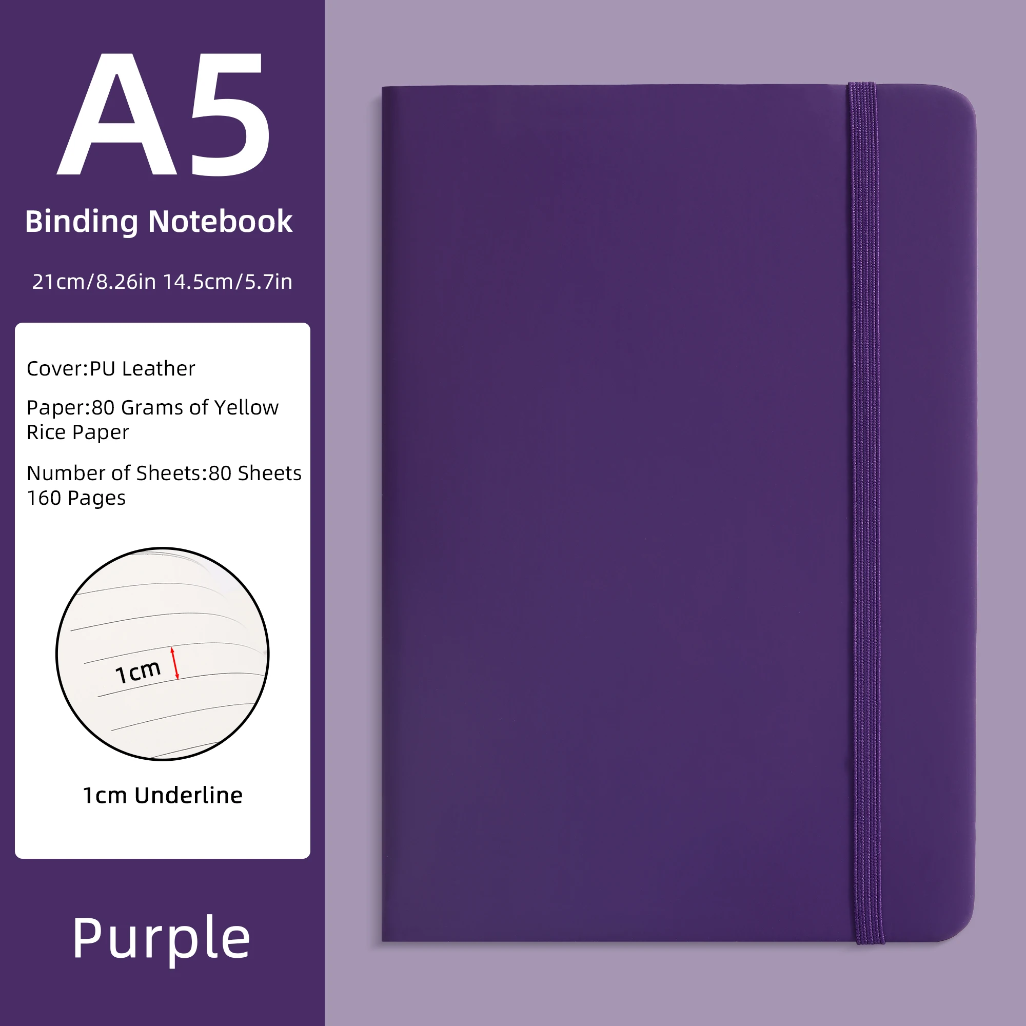 A5 PU-Leder Notizbuch - Lila, 80 Blatt (160 Seiten) 80g/m² Gelbes Reispapier, 1cm Unterstrichung, Hardcover-Journal mit Gummiband – Detail 7
