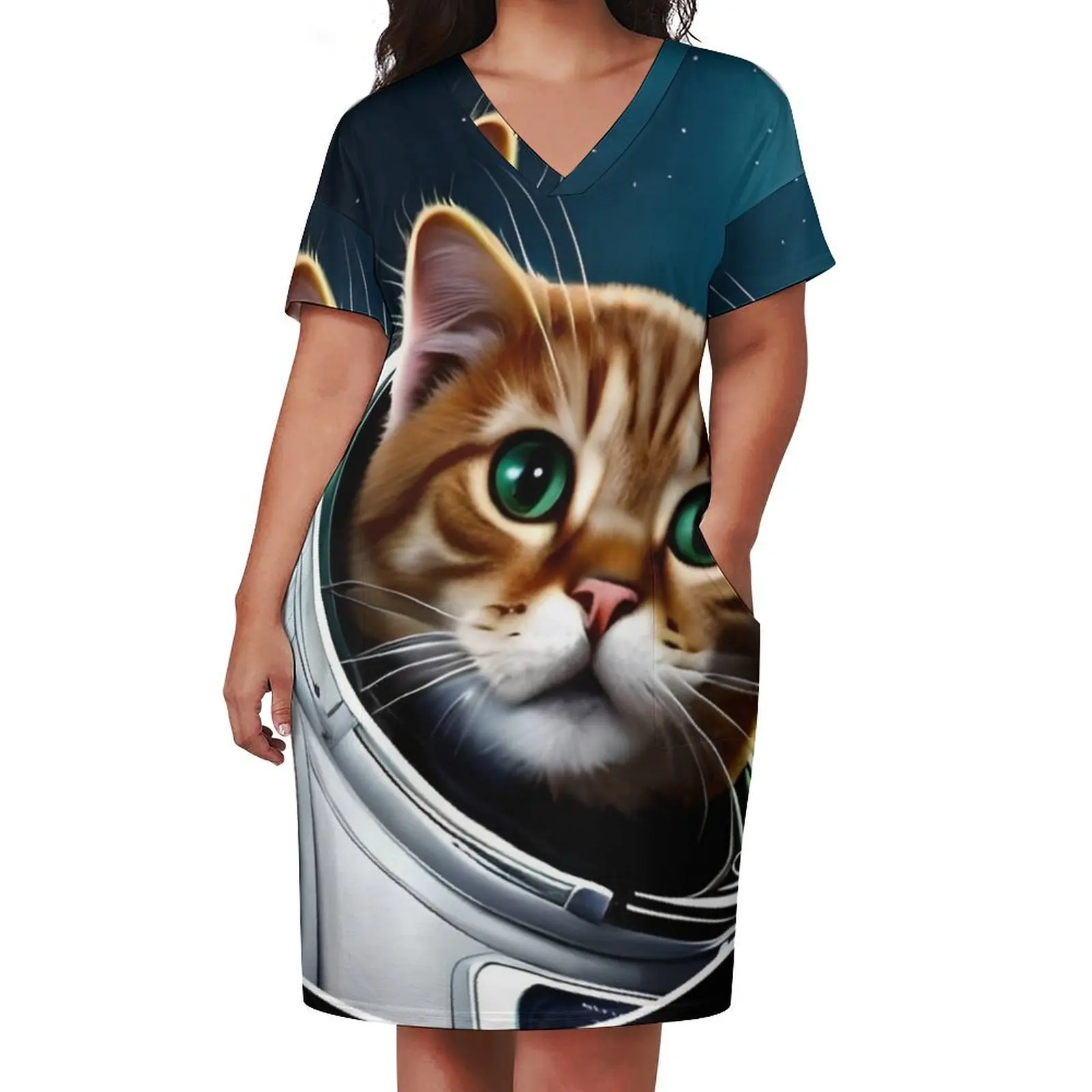 Ginger Tabby Astronaut Cat Traveling In Space Loose Pocket Dress Prom gown dresses korean style