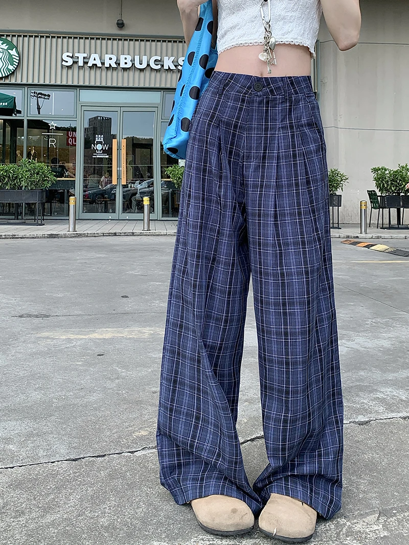 อเมริกันวินเทจลายลายสก๊อตกางเกงขากว้างผู้หญิงสีน้ำเงินเข้มตารางกางเกงทรงหลวมสุภาพสตรีเกาหลีเอวสบายๆกางเกงตรง