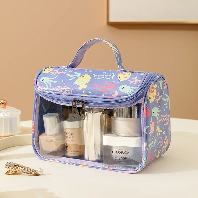 1Pc Flower Printed Makeup Bag Transparent PU Waterproof Portable Travel Cosmetic Pouch Cute Convenient Toiletries Bag for Women