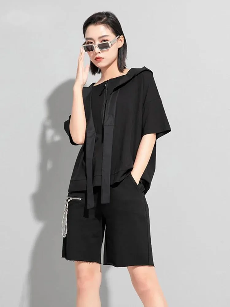 Women Black Big Size Zipper Ribbon Casual T-shirt New Hooded Short Sleeve Loose Fit Fashion Spring Summer