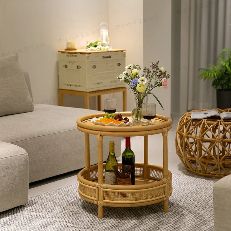 Japanese Rattan Coffee Table, Double Layer Side Table, Perfect for Living Room, Bedroom or Bedside, Stylish and Functional