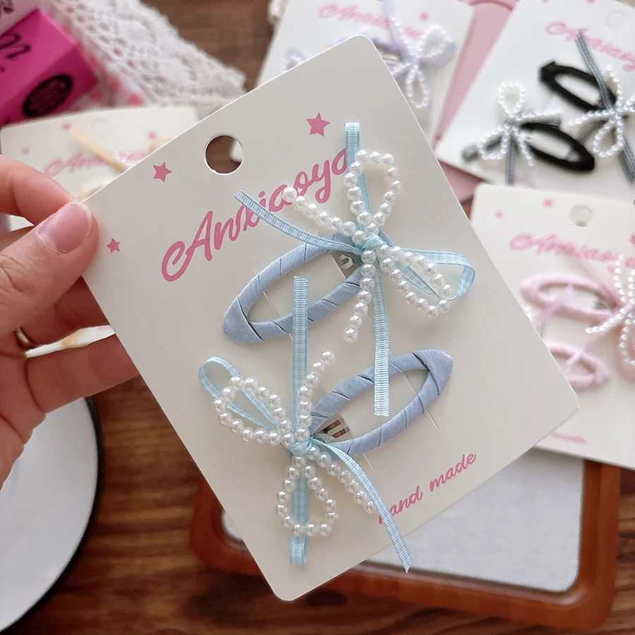 Korean BB Clips Set 2pcs Sweet Pearl Bow Barrettes Tartan Snap Clips for Teens Girls Hairpins Kawaii School Accessories