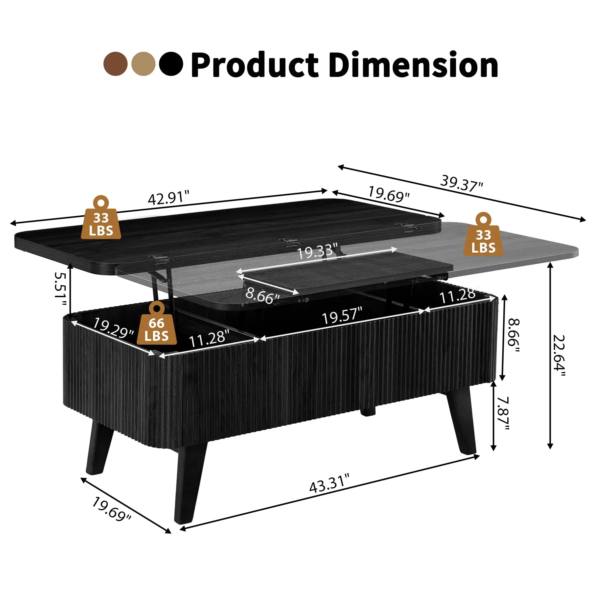 Fluted Lift Top Coffee Table, 3 in 1 Convertible Coffee Tables Converts to Dining Tables, Modern Oval Wooden Center