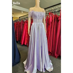 Bella Lavender Satin Prom Dresses Lace Embroidery A-line Wedding Dress Elegant Sleeveless Floor-Length Vestidos De Fiesta 2024