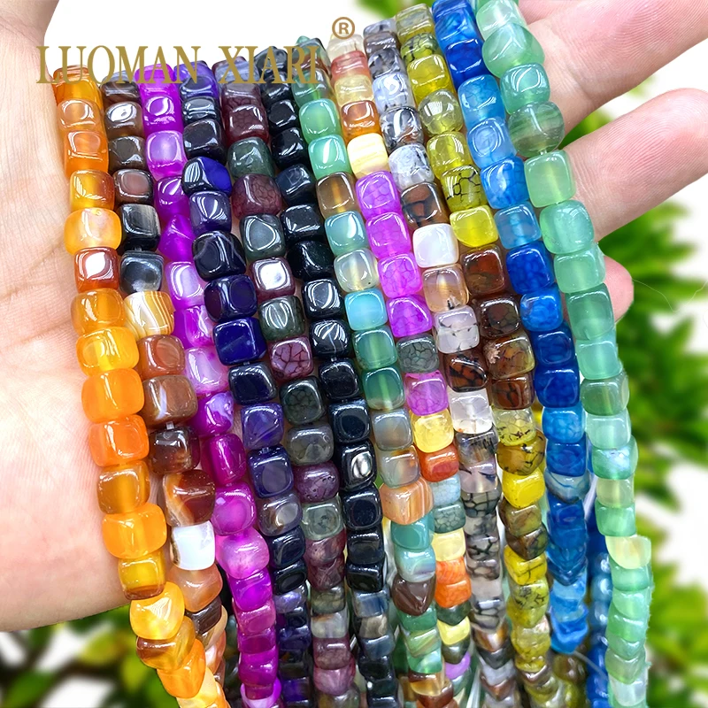 7-8MM Square Natural Stone Colorful Dragon Veins Agates Cube Loose Spacer Beads for Jewelry Making Diy Bracelet Accessories