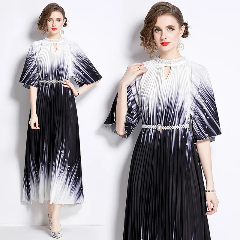 

2024 Light Luxury Fashion Dingzhu Prined Pleated Dress Women's Summer Stand Collar Short Sleeves Sashes Temperament Long Skirt