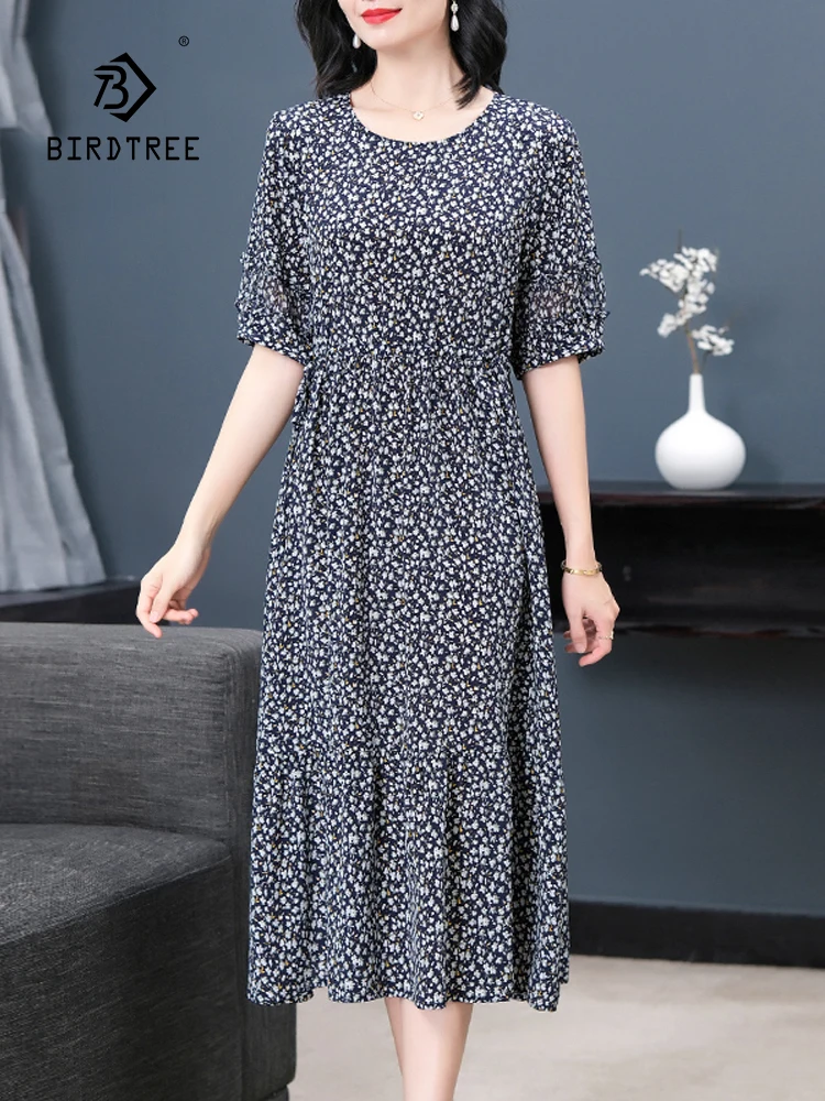 

BirdTree, 100%Real Silk Eleagnt Dresses, Women Half Sleeve Printed, Temperament Oversize Mom Dress, 2024 Summer New D44820QC