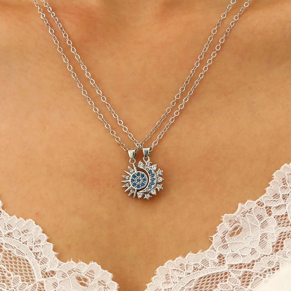 2pcs Set Retro Hollowed Magnetically Attract Sun Moon Heart Crystal Pendant Couple Necklaces for Women Men Friend Jewellery Gift