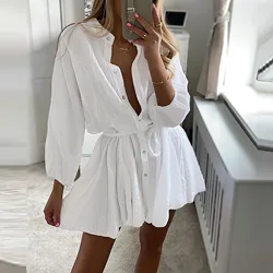 Casual Women Shirt Dress Long Sleeve Turn-dwon Collar Button Blet Loose Mini Dress Autnmn Elegant Office Lady Dress Vestidos