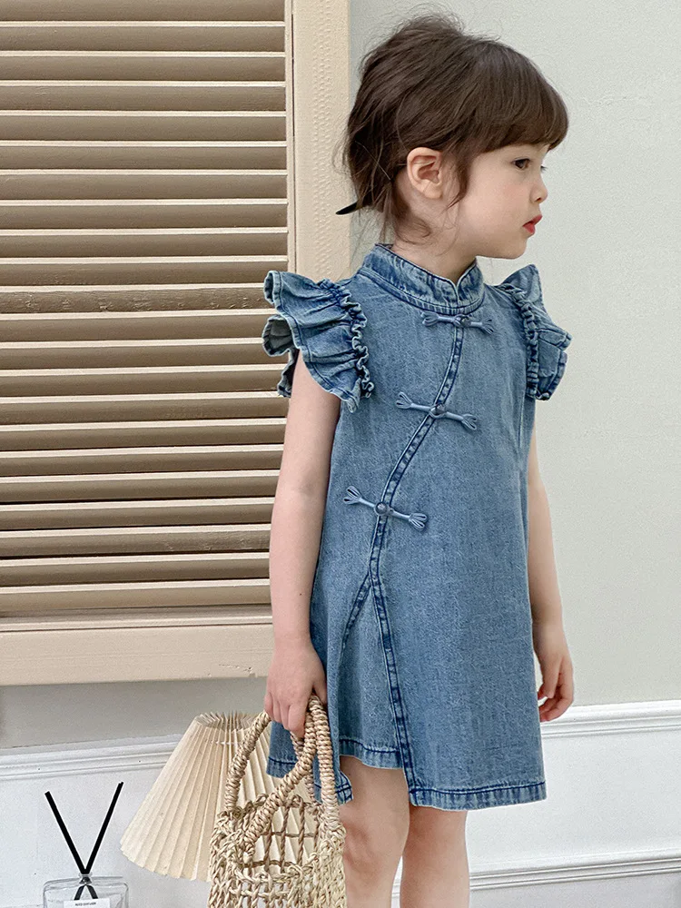 New Chinese Style Girl's Denim Skirt2024Summer New Fashionable Buckle Stand Collar Flounced Sleeve Soft Dress Tide