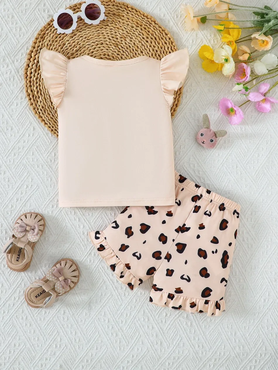 Mädchen-Outfit, 2-teilig, mit Cartoon-Kaninchenmuster, Rüschenärmeln, Leopardenmuster-Shorts, für Kinder, ideal für Sommer, Strand, Alltag, Freizeitkleidung, Set ZYD47. – Detail 4