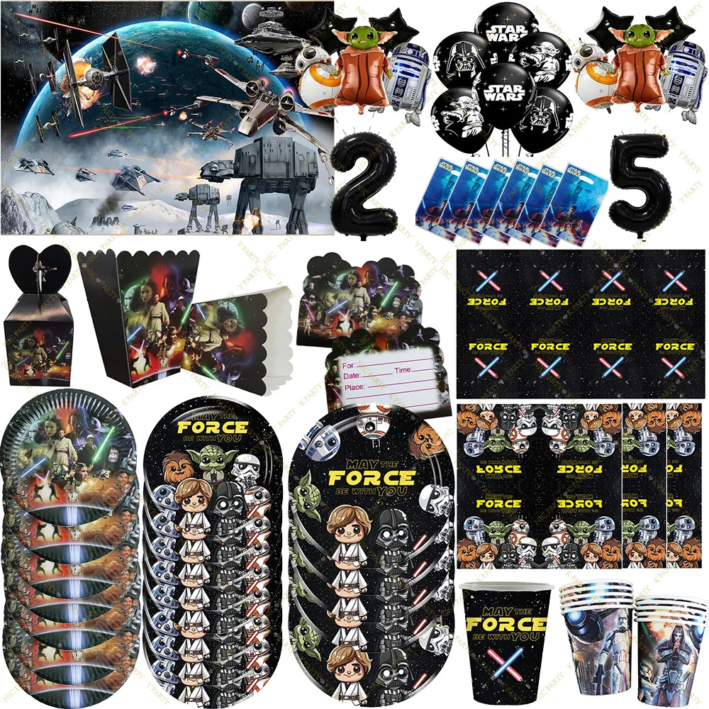 Fournitures pour fête d'anniversaire sur le thème de Star Wars, ballons, assiettes, serviettes, autocollants, décorations de gâteau pour enfants, sacs cadeaux