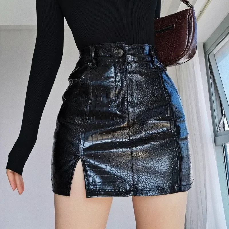 

Slit Black Skirts for Women Spring Autumn Sexy Crocodile Pattern High Waist Hip Leather Skirts Fashion Hotties Clothing Y2k