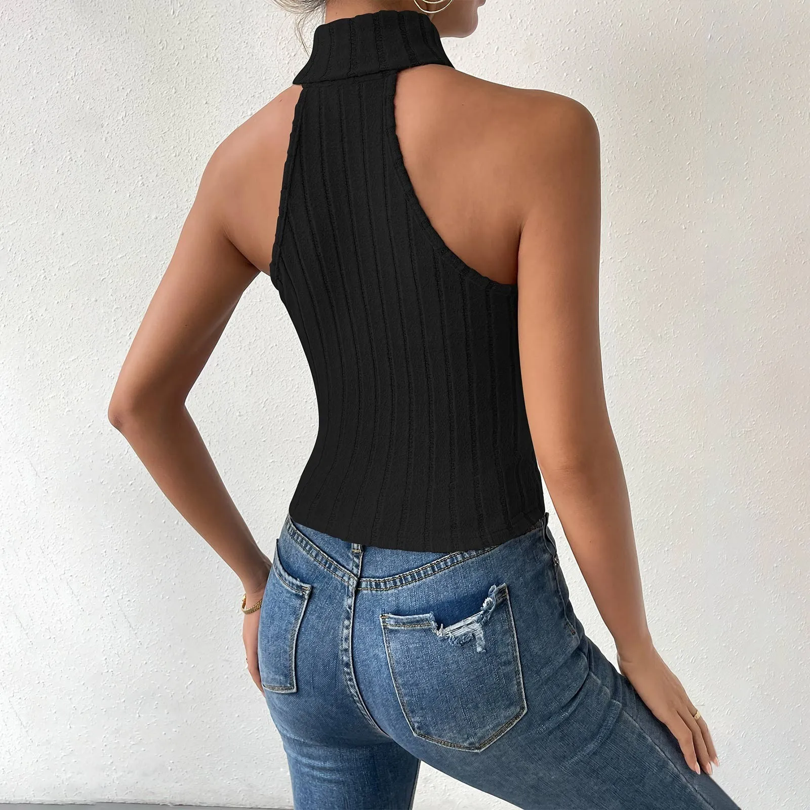 Fashion Knit Sleeveless Halter Tops For Women Basics Solid Slim Fitted Womens Turtleneck Ribbed Vest Y2k High Neck Tank Tops