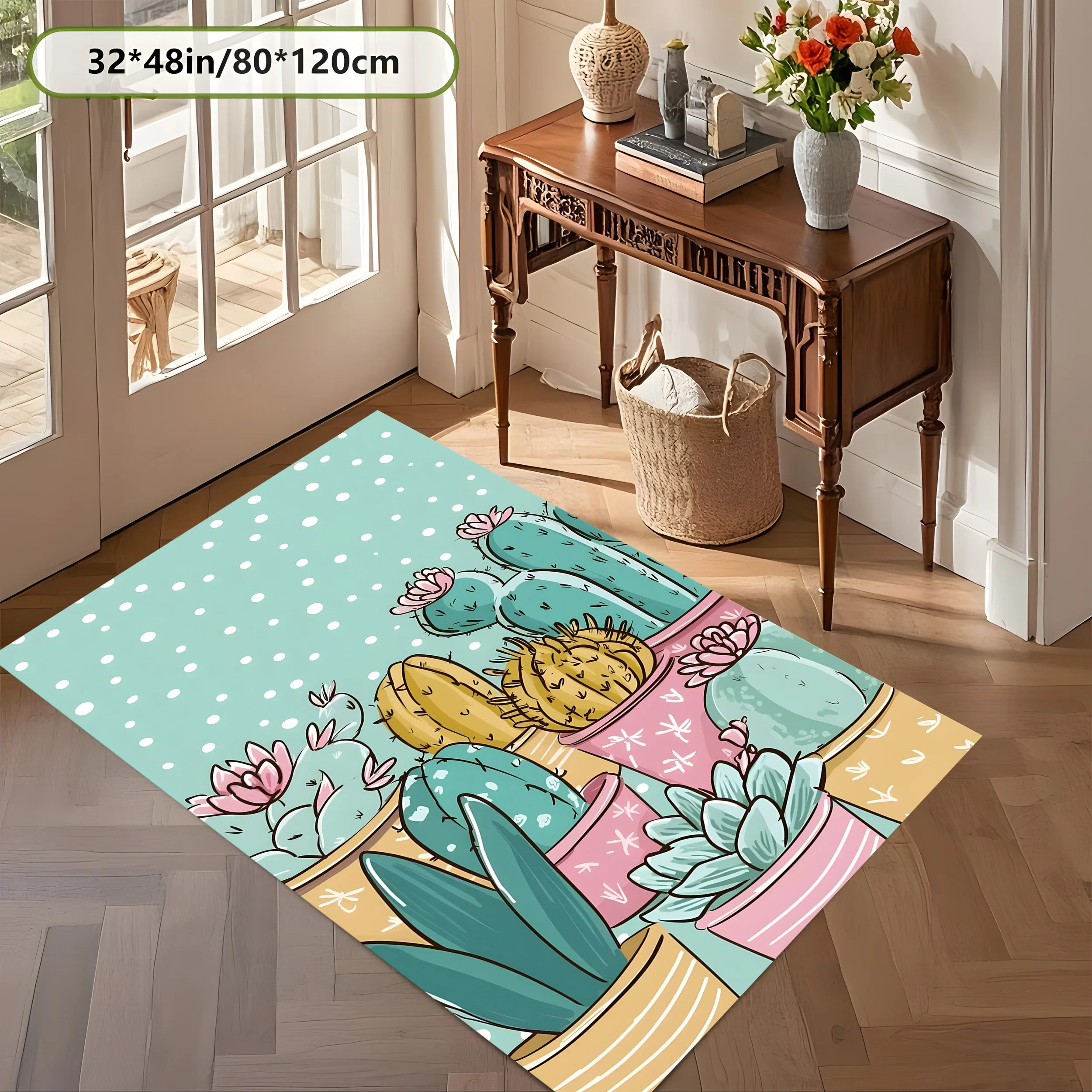 2D Large Carpet Cartoon Hand Painted Cactus Fresh Soothing for Living Room Bedroom