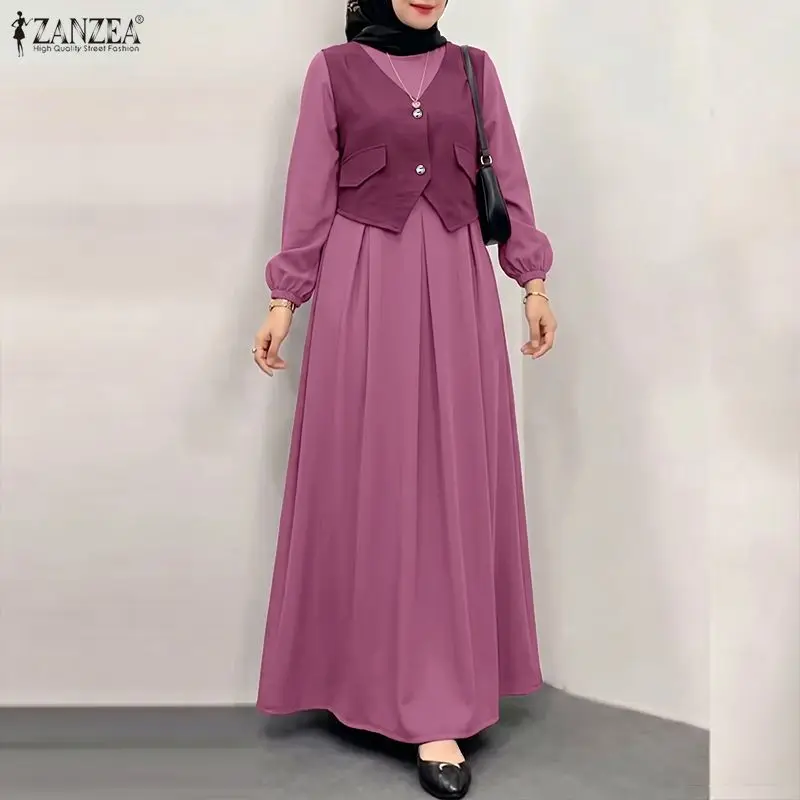 ZANZEA Muslimische Islamische Hijab-Kaftan-Kleider für Damen: Modisches, mehrlagiges Maxikleid mit Farbblock-Design und langen Ärmeln