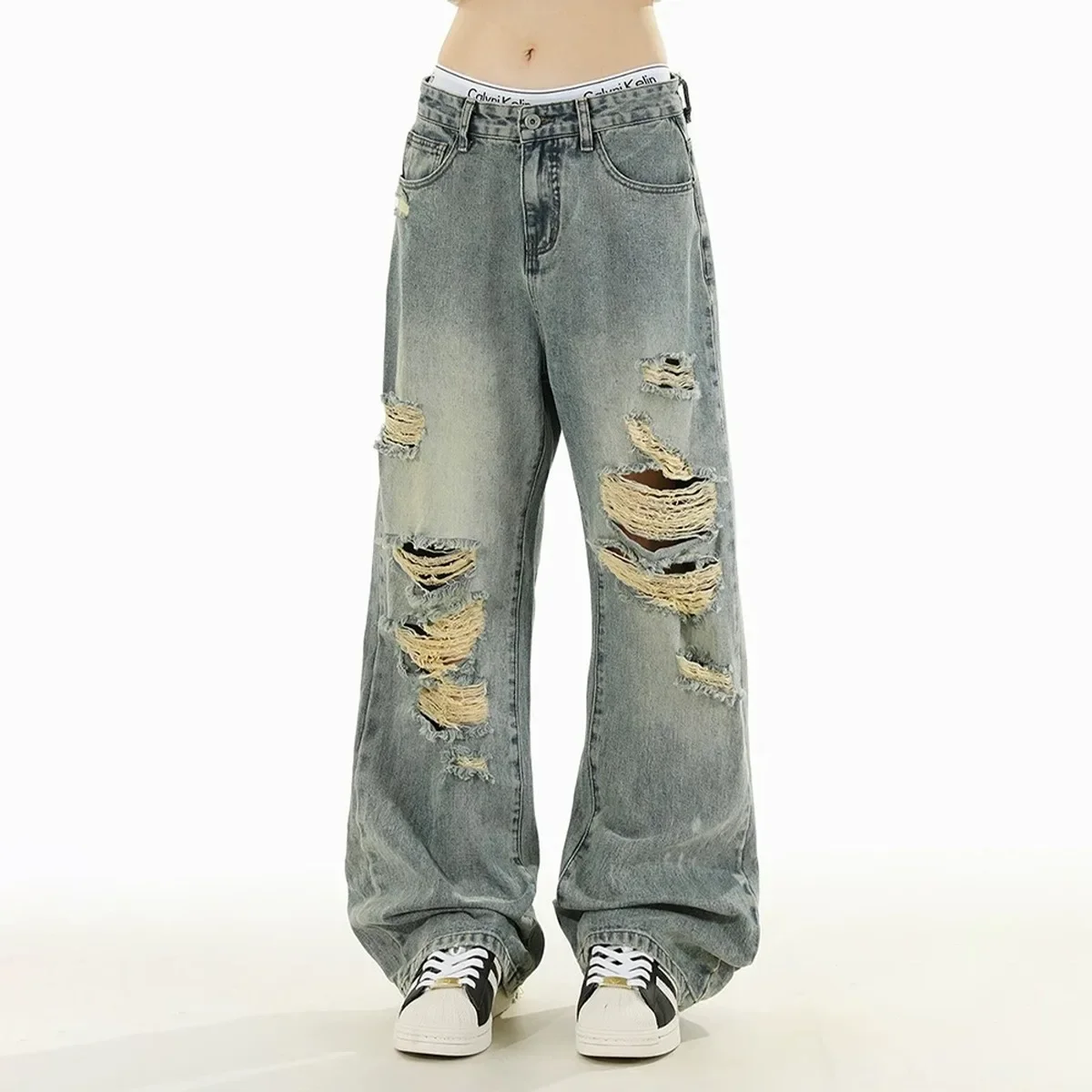 Nowe damskie jeansy w stylu amerykańskim, postarzane, z dziurami, szerokie nogawki, luźne spodnie dżinsowe, letnie, cienkie, codzienne, o swobodnym kroju.