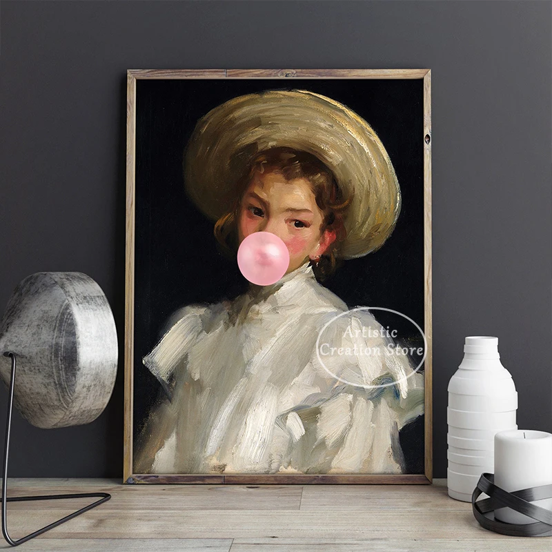 Vintage Altered Art Portrait Bubblegum Poster Altered Art Print Canvas Painting Wall Picture Eclectic Living Room Home Decor