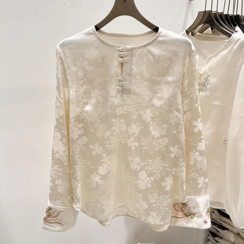 

New Chinese Style Satin Shirt for Women 2025 Spring Autumn Simple Blusas De Mujer Vintage Embroidery All-match Simple Tops