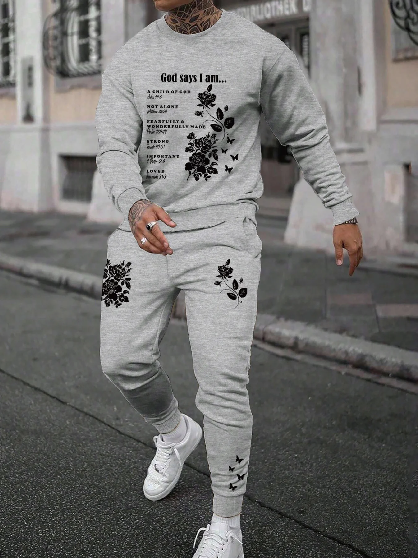 

Round neck sweatshirt suit black roses and biblical quotes prints suitable for daily leisure