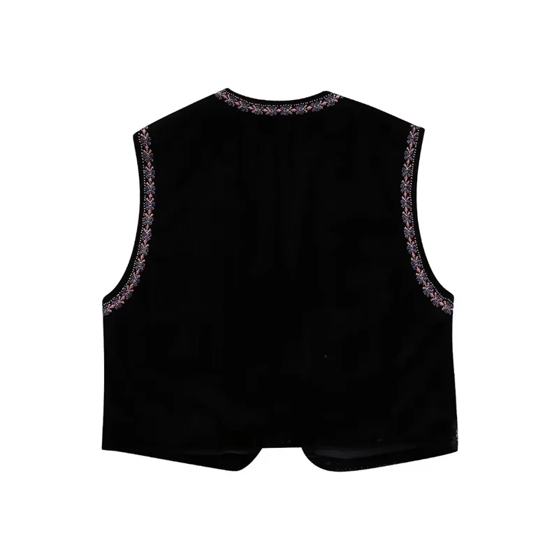 TRAF Velvet Embroidered Vest For Women Black Short Sleeveless Vest Woman Cropped Vintage Jacket Waistcoat Autumn Vest Cardigan