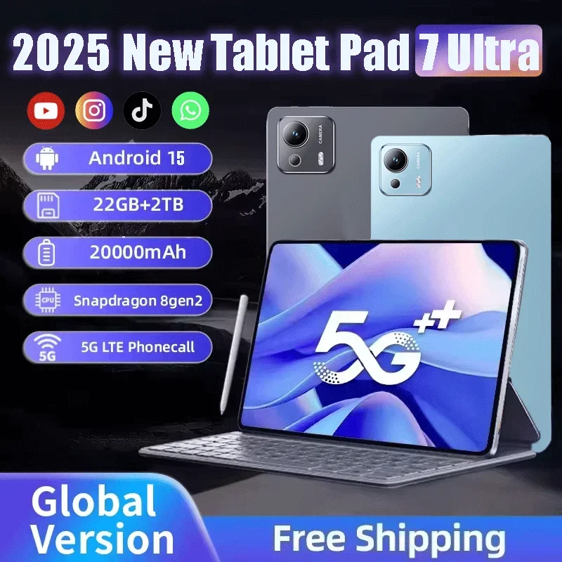 

2025 Pad 7 Ultra 11 inch Tablet 20000mAh 5G Dual SIM Bluetooth WiFi GPS HD 4K Screen Tablet PC Gobal Version Android 15 22GB