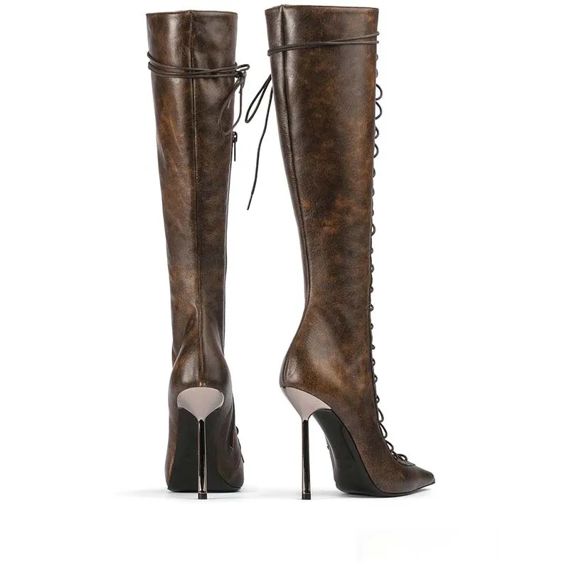 Brown Pointed Toe Hollow Cross-Strap Stiletto Boots Woman Winter 2024 Black Side Zipper Knee-High Summer Boots Fashion Shoes