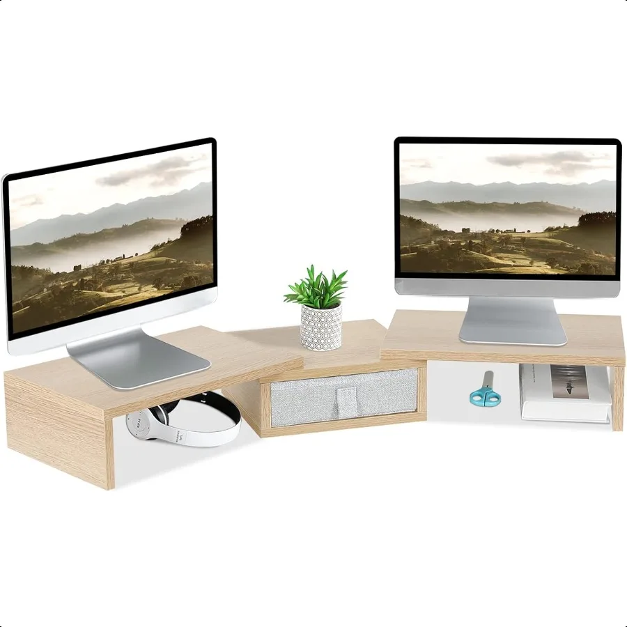 

3 Shelf Monitor Stand Riser with DrawerLength and Angle Adjustable Dual Monitor Riser with Storage Corner Desk Shelf Organizer