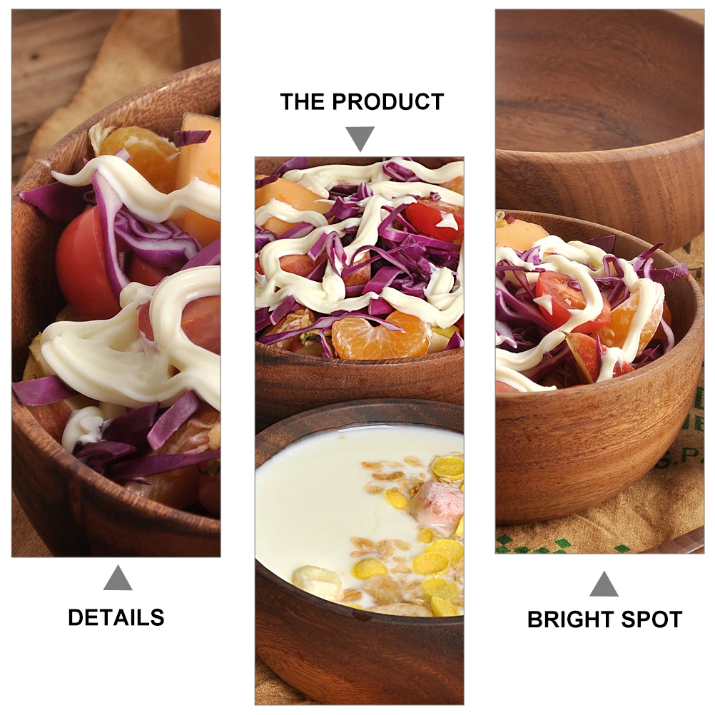 

2Pcs Premium Acacia Wood Bowl Exquisite Workmanship Clear Grain Salad Rice Soup Home Restaurant Use Spoon Included