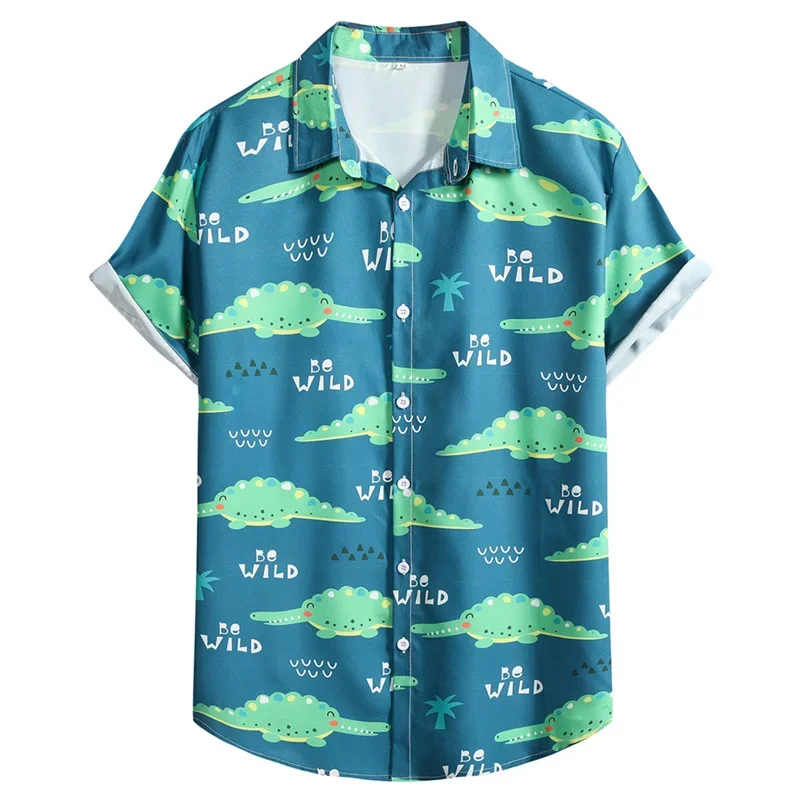 Camisa hawaiana con estampado 3d de dinosaurio de dibujos animados para hombre, Tops de manga corta de gran tamaño, ropa de vacaciones en la playa, blusa de solapa con botones