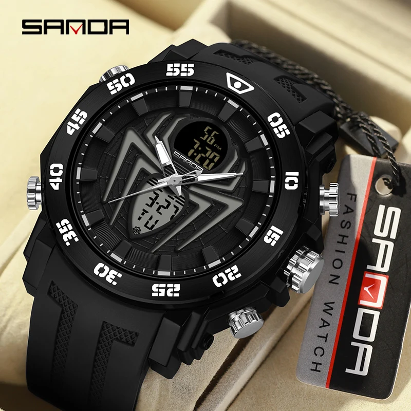 SANDA Men Sports Watches Spider Dial Dual Display Military Waterproof Digital Quartz Watch For Man Clock Relogio Masculino