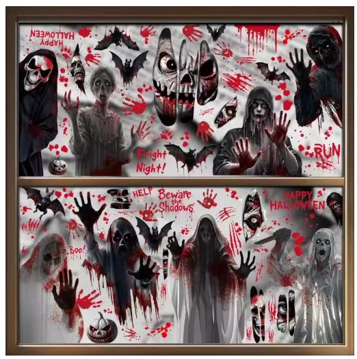 2pcs Halloween Window Clings Bloody Handprint Footprint Halloween Wall Decal Floor Clings Scary Decoration Window Stickers